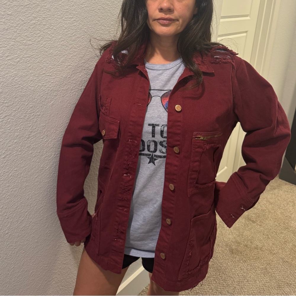 KanCan Women's  Deep Red Distressed Utility Jacket